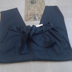 Black High-Waisted Wide Leg Linen Blend Paperbag Pants